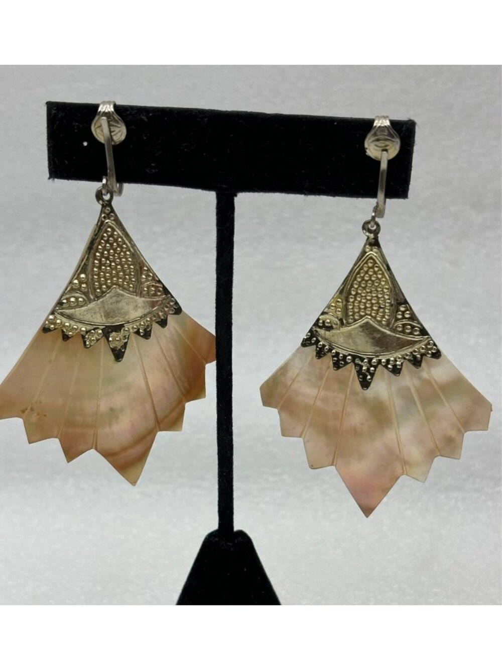1960s Carved Smokey Mother Of Pearl Metal Mounted Earrings